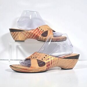 Sofft Leather Slide Sandals Mini Wedge Tan Gold Metallic Size 11M Artsy Shoes